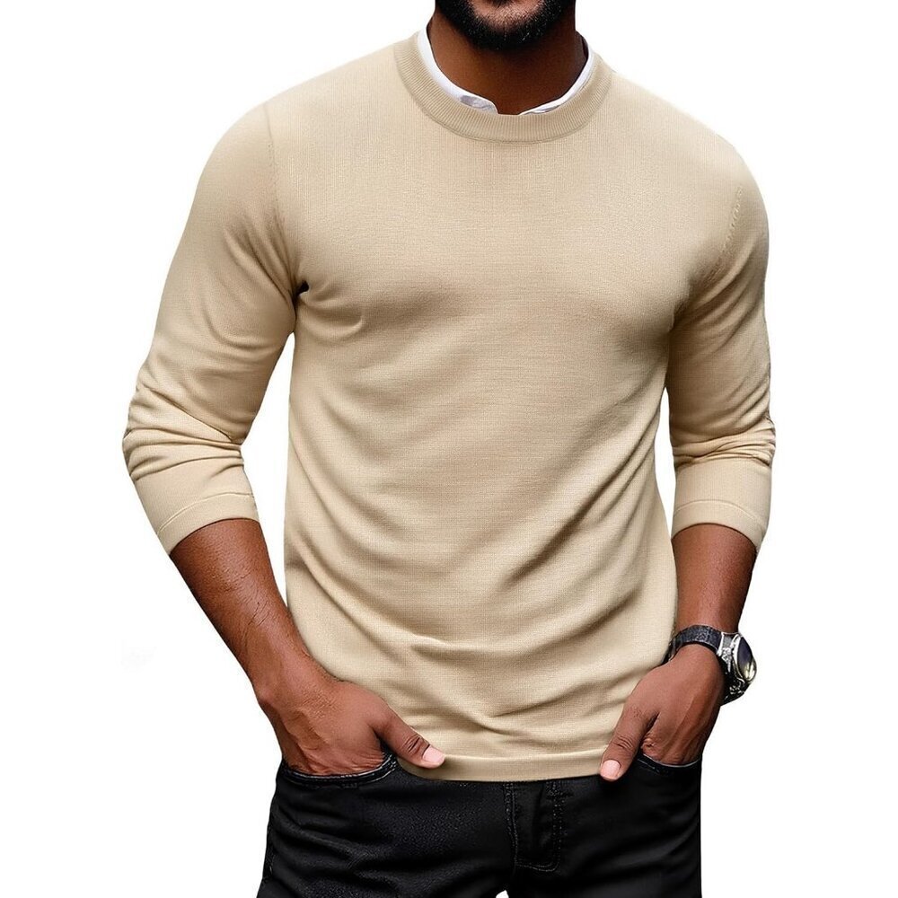 Coofandy Men Khaki Crew Neck Pullover Long Sleeve Lightweight Dress Sweater